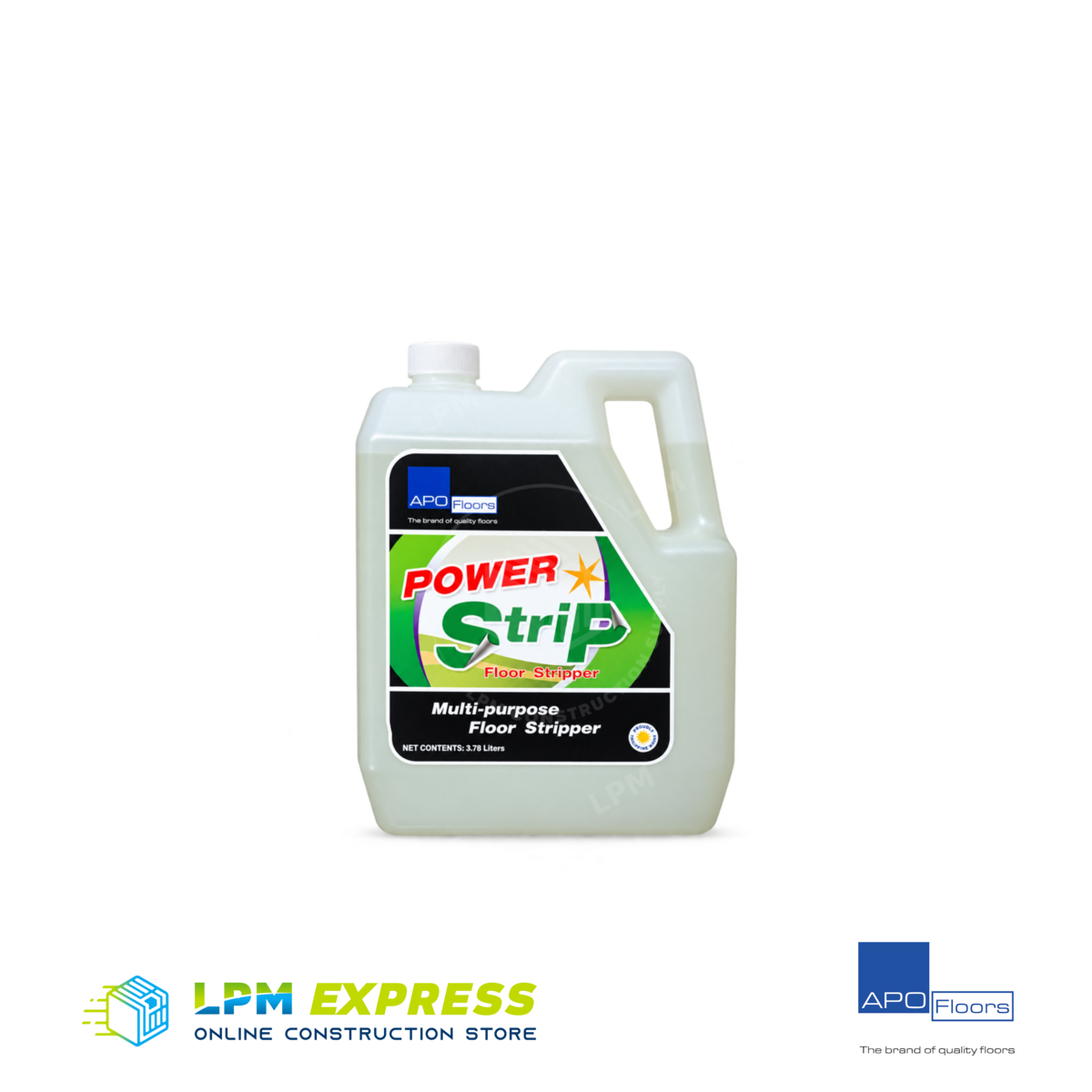 APO PowerStrip floor-stripper bottle labelled 3.78 L