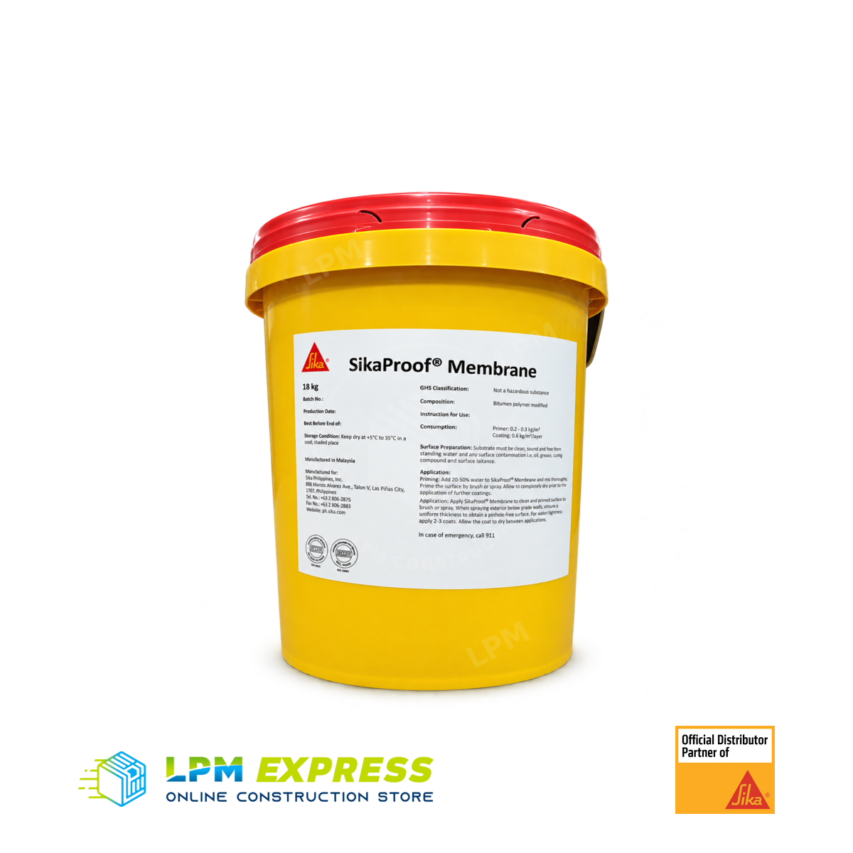 SikaProof Membrane Paste 20kg — membrane paste pail with older 18kg packaging